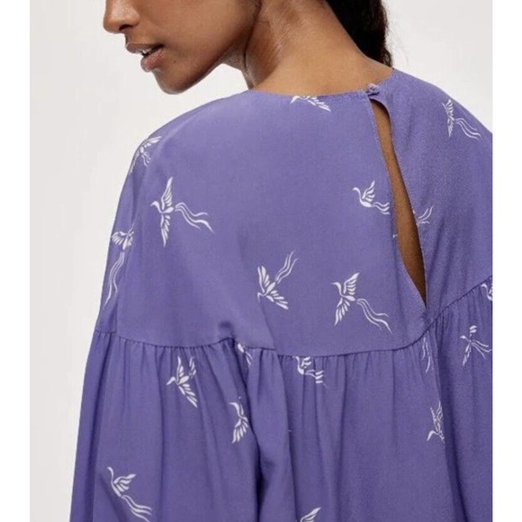 Wilfred Aritzia •XXS• Crane Bird Print Silk Crepe Blouse Top Keyhole Back $110 - Picture 3 of 10